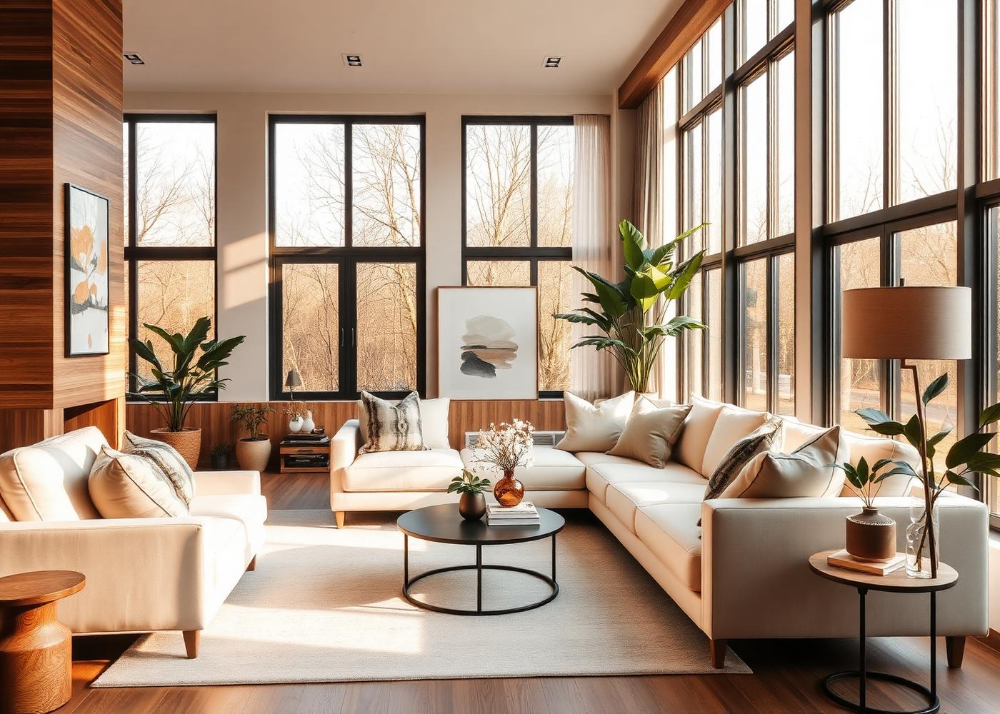 Sunlit modern living room prepared for market